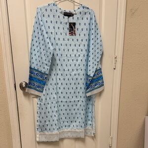 Pakistani Indian Light Blue Printed Kurta with Blue Border Detail shirt